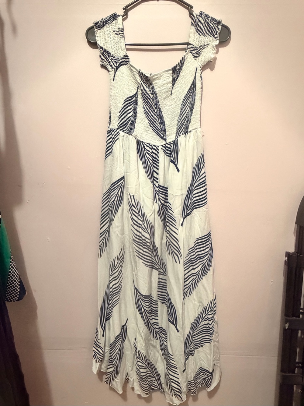fab'rik Off-Shoulder White Maxi Dress with Navy Leaf Print - Picture 2 of 6